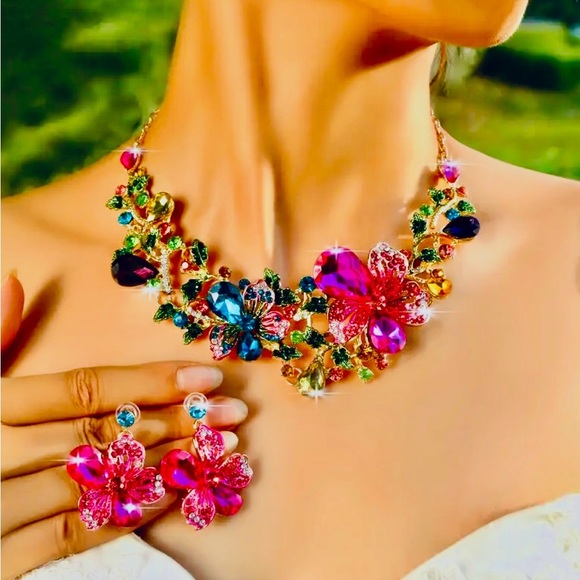 Floral Necklace & Earrings Set – Glass Mosaic & Alloy Brand new - Picture 7 of 7